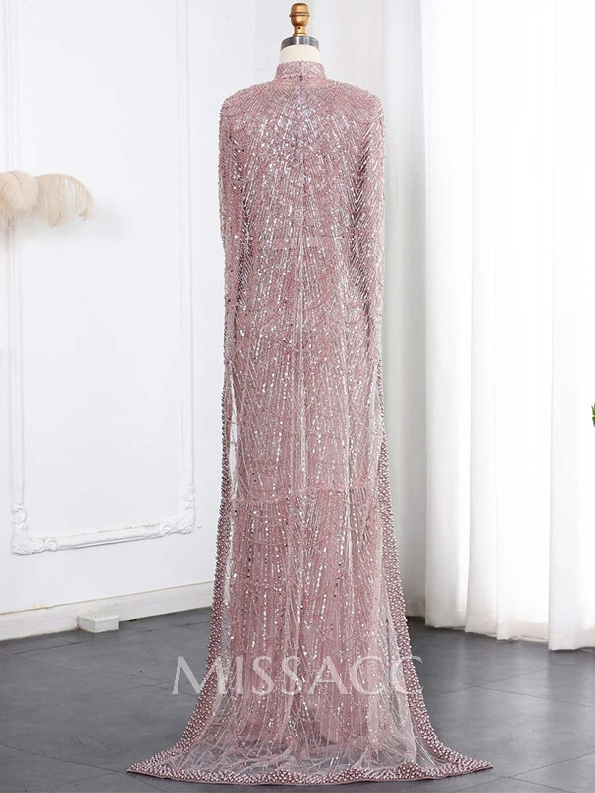 Sheath Column High Neck Long Sleeves Sweep Train Lace Satin Tulle Evening Dresses With Beading
