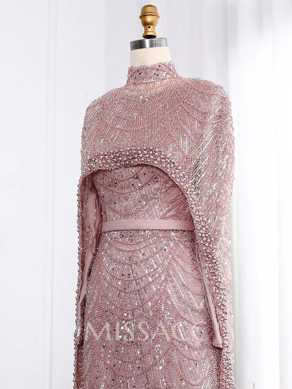 Sheath Column High Neck Long Sleeves Sweep Train Lace Satin Tulle Evening Dresses With Beading