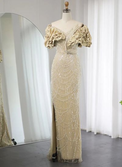 Dreamy Sparkly Beaded Off-the-Shoulder Crepe Satin Evening Gowns with Ruffles