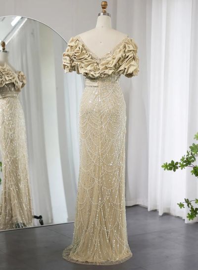 Dreamy Sparkly Beaded Off-the-Shoulder Crepe Satin Evening Gowns with Ruffles