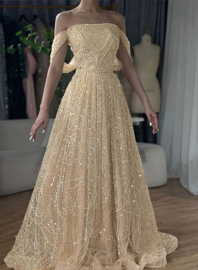 Luxury A-Line Off-The-Shoulder Sweep Train Satin Evening Dresses With Beading