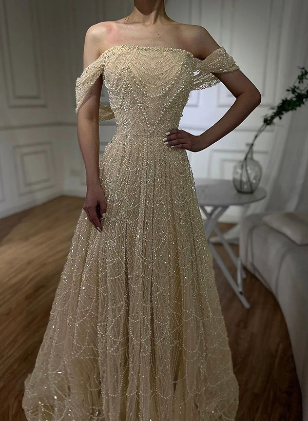 Luxury A-Line Off-The-Shoulder Sweep Train Satin Evening Dresses With Beading