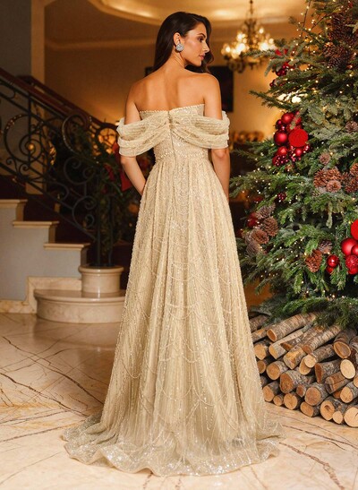 Luxury A-Line Off-The-Shoulder Sweep Train Evening Dresses With Beading