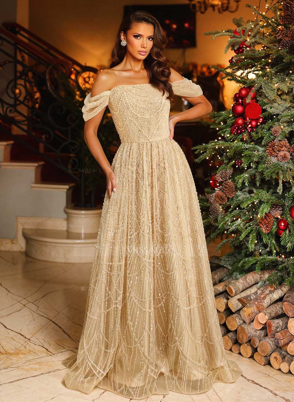 Luxury A-Line Off-The-Shoulder Sweep Train Evening Dresses With Beading