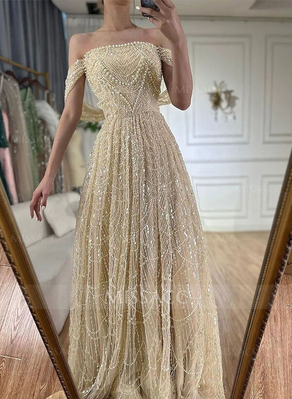 Luxury A-Line Off-The-Shoulder Sweep Train Evening Dresses With Beading