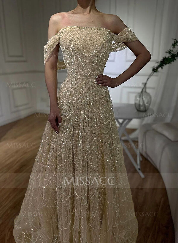 Luxury A-Line Off-The-Shoulder Sweep Train Evening Dresses With Beading