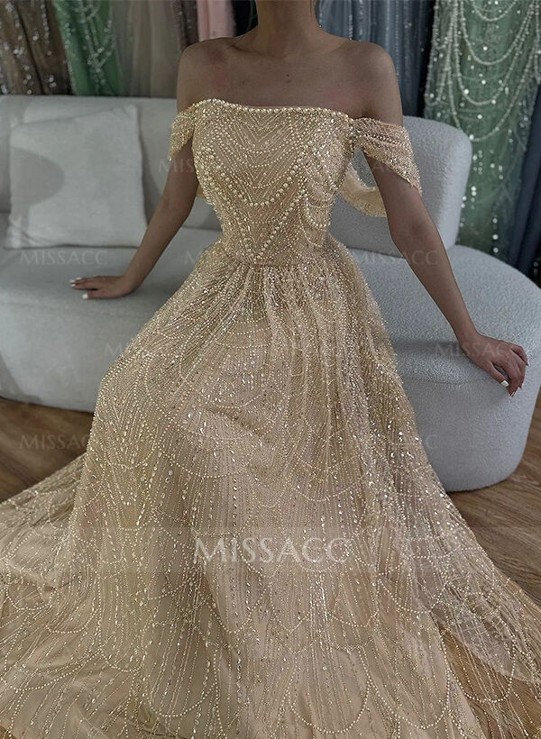 Luxury A-Line Off-The-Shoulder Sweep Train Evening Dresses With Beading
