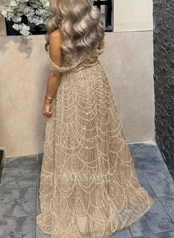 Luxury A-Line Off-The-Shoulder Sweep Train Evening Dresses With Beading