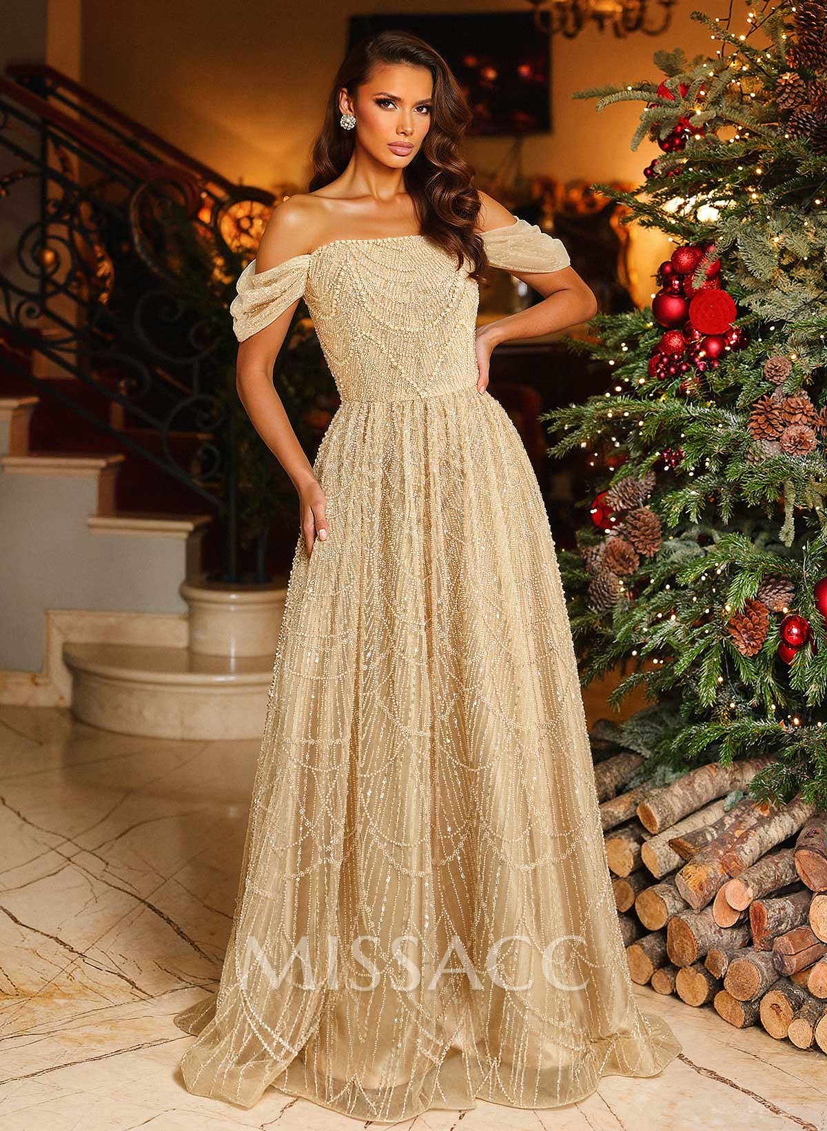 Luxury A-Line Off-The-Shoulder Sweep Train Evening Dresses With Beading