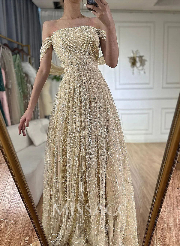 Luxury A-Line Off-The-Shoulder Sweep Train Evening Dresses With Beading
