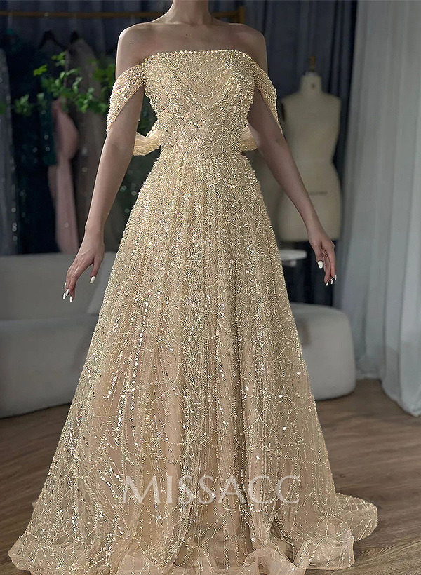 Luxury A-Line Off-The-Shoulder Sweep Train Evening Dresses With Beading