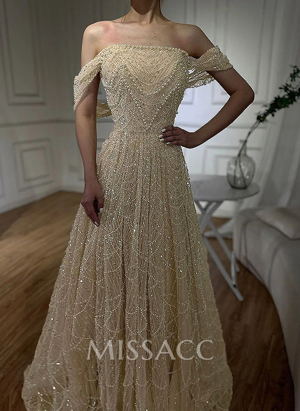 Luxury A-Line Off-The-Shoulder Sweep Train Evening Dresses With Beading