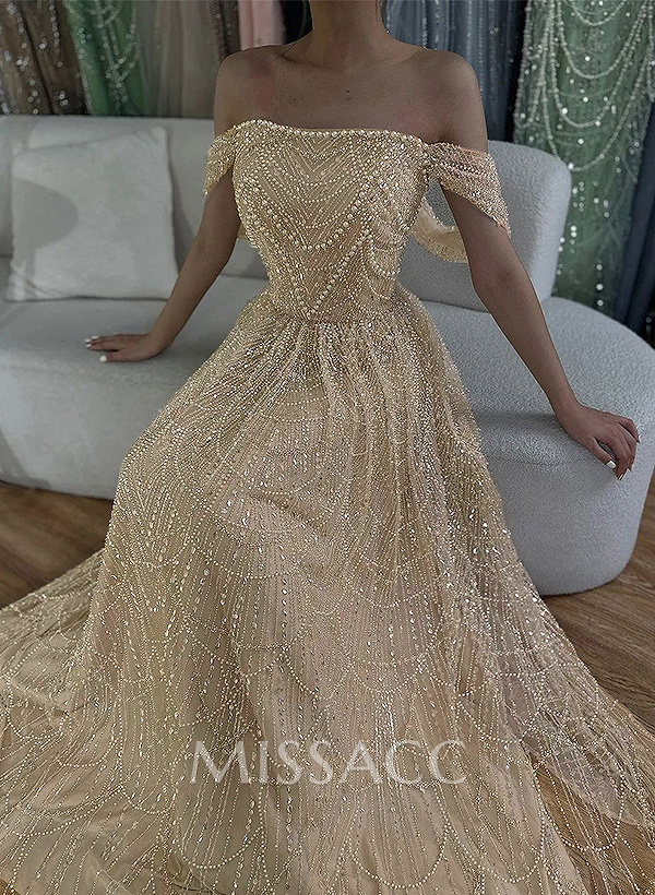 Luxury A-Line Off-The-Shoulder Sweep Train Evening Dresses With Beading