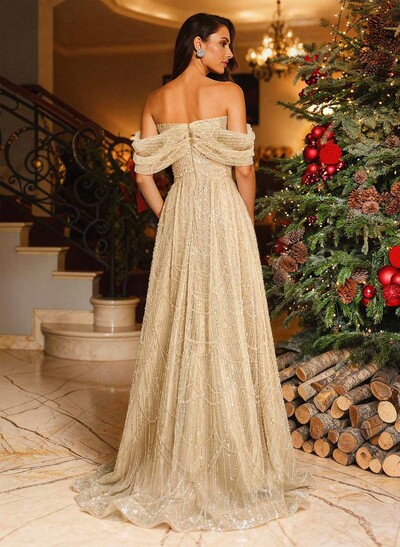 Luxury A-Line Off-The-Shoulder Sweep Train Evening Dresses With Beading