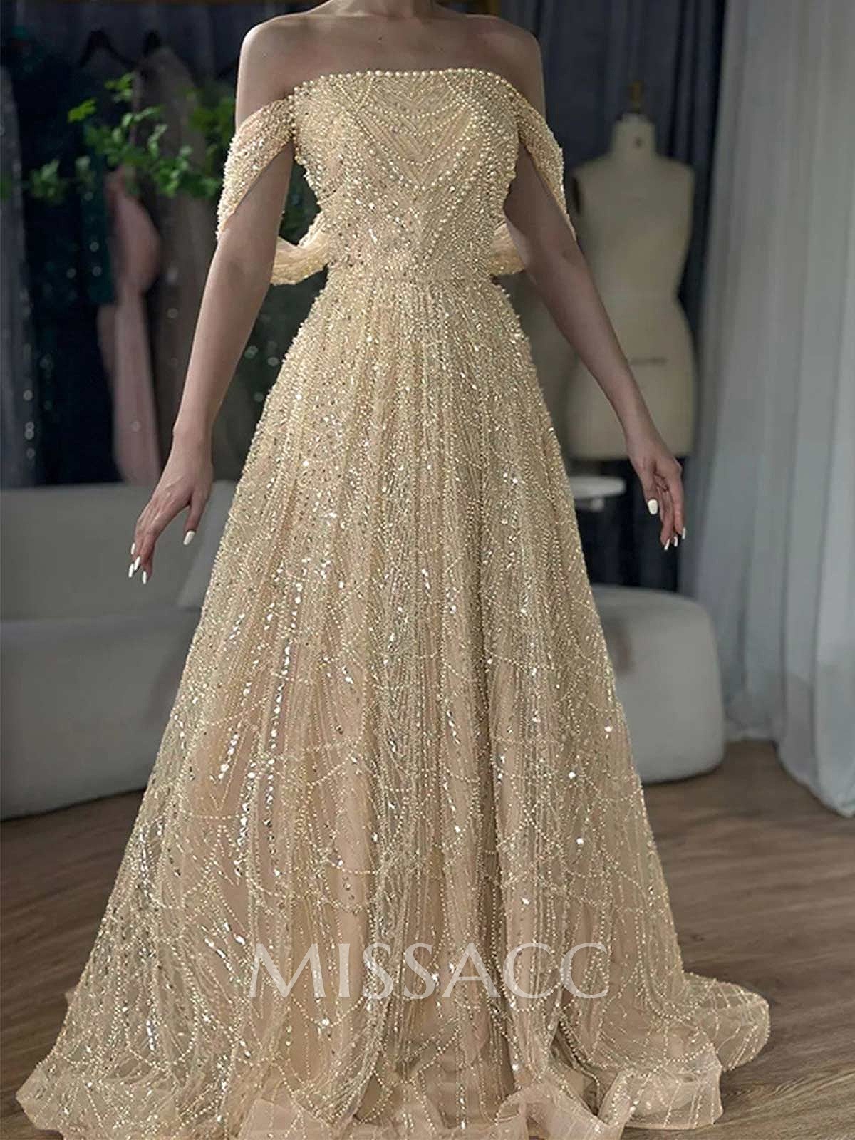Luxury A-Line Off-The-Shoulder Sweep Train Evening Dresses With Beading