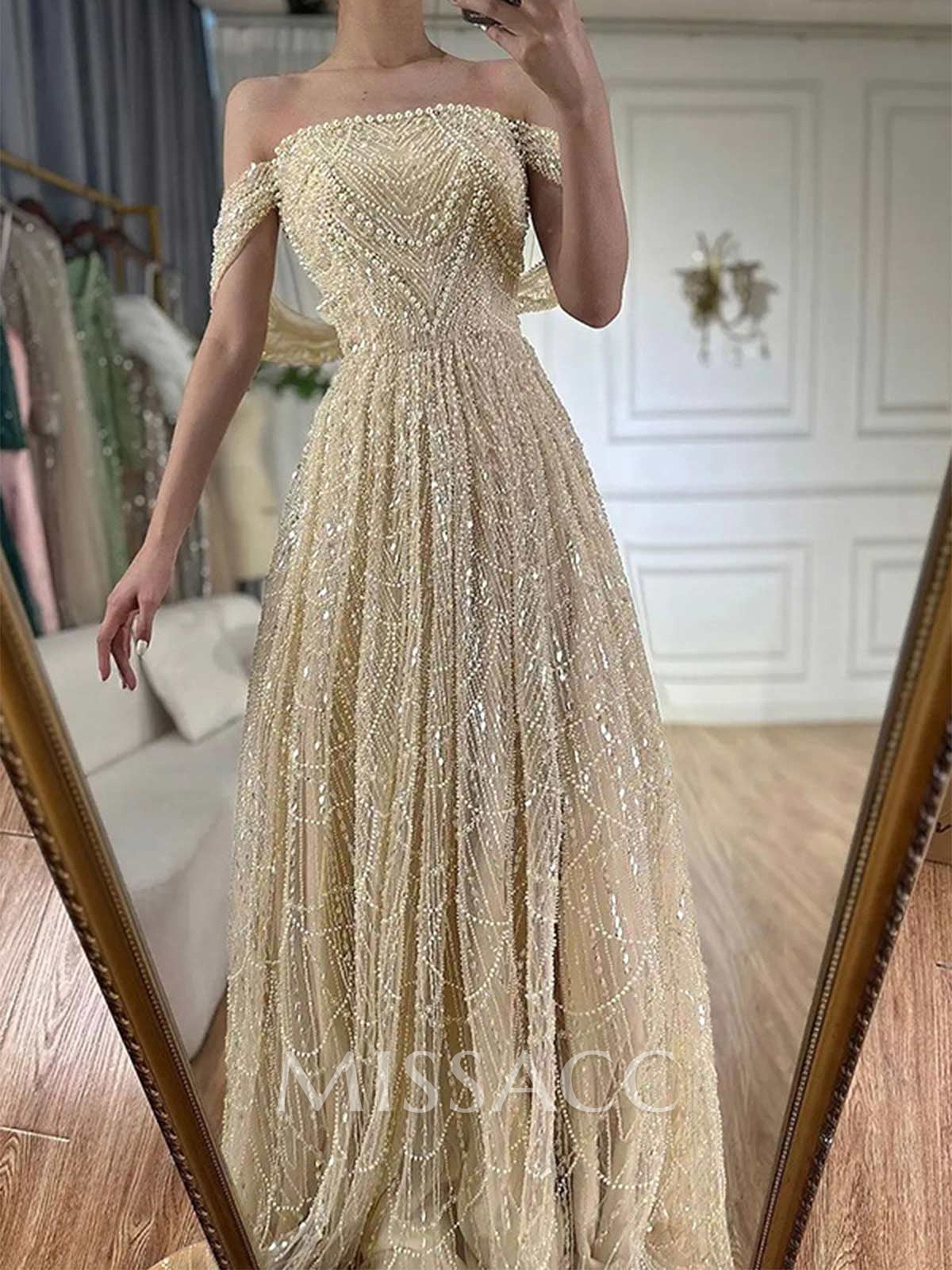 Luxury A-Line Off-The-Shoulder Sweep Train Evening Dresses With Beading