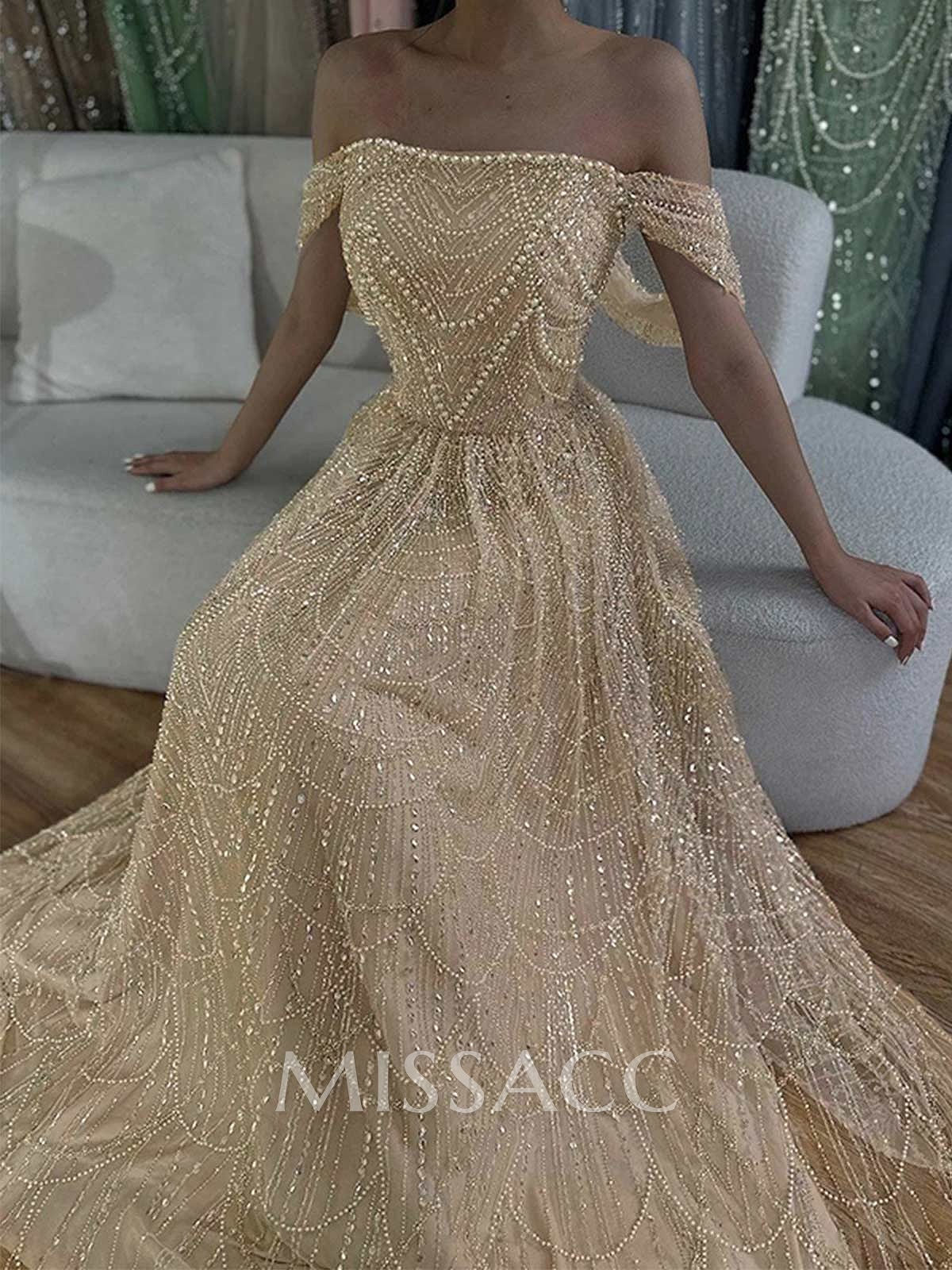 Luxury A-Line Off-The-Shoulder Sweep Train Evening Dresses With Beading