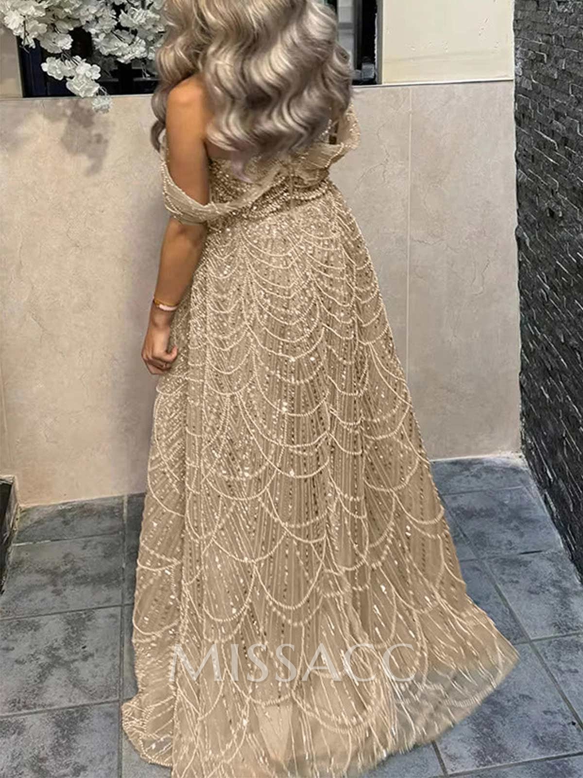 Luxury A-Line Off-The-Shoulder Sweep Train Evening Dresses With Beading