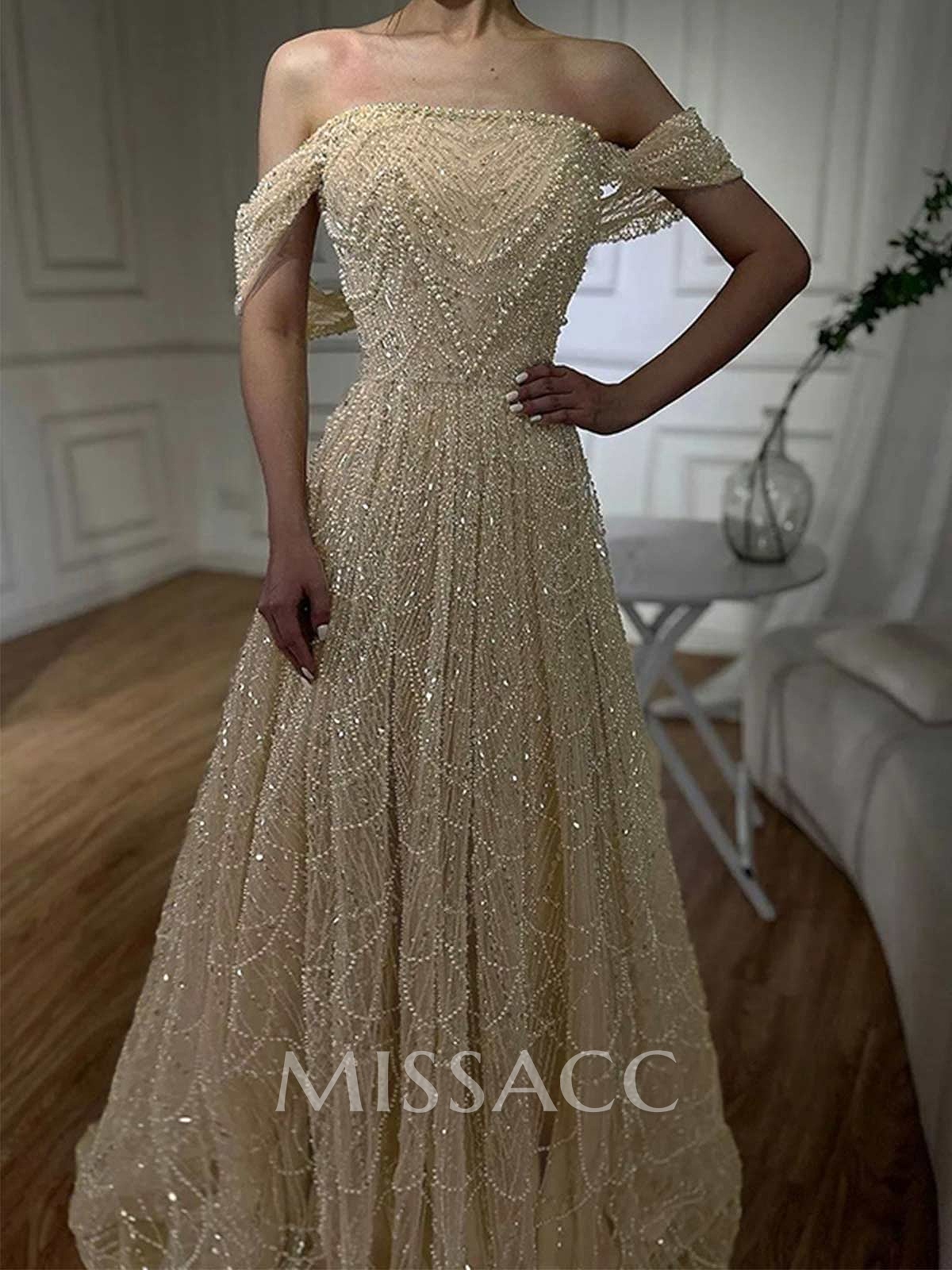 Luxury A-Line Off-The-Shoulder Sweep Train Evening Dresses With Beading