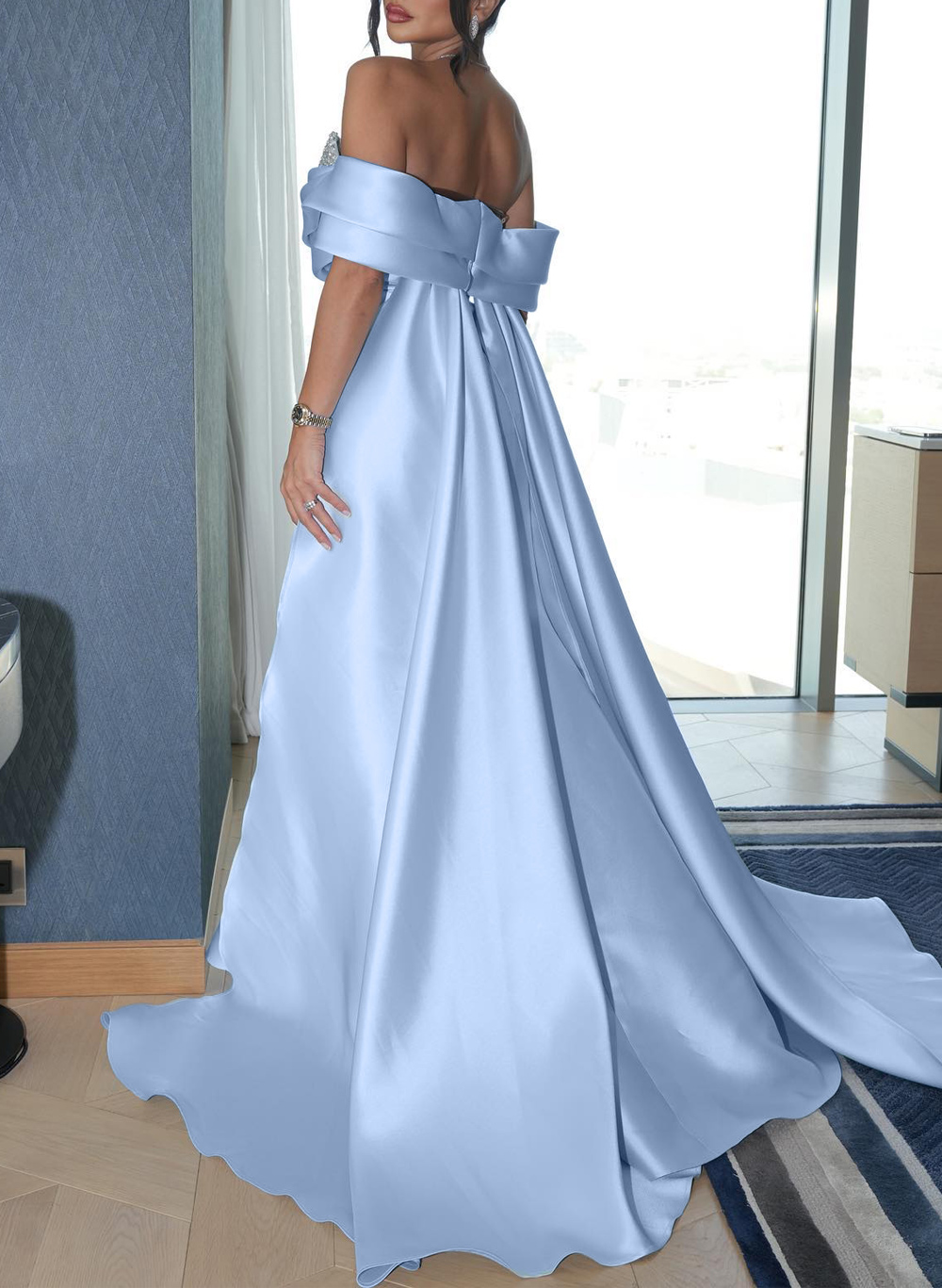 Elegant Off-The-Shoulder Sweep Train Satin Evening Dresses With Sequins