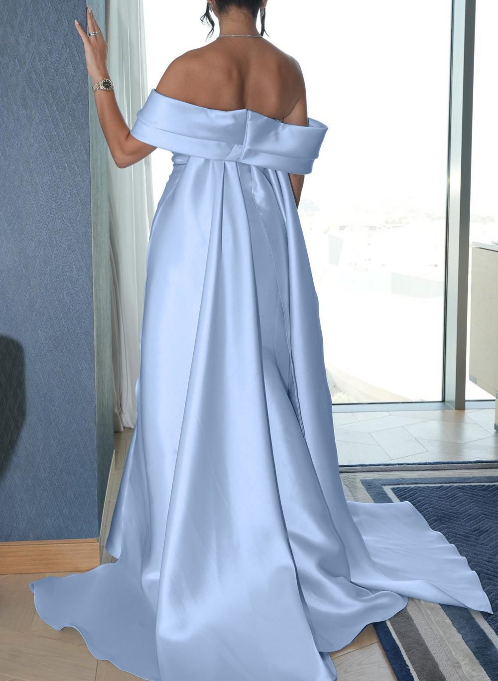 Elegant Off-The-Shoulder Sweep Train Satin Evening Dresses With Sequins