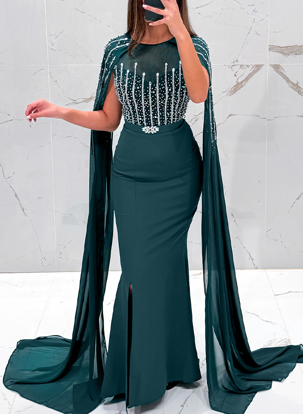 Bedazzled Curve Illusion Neck Sweeping Dual Drape Evening Dresses With Sparkle Embroider