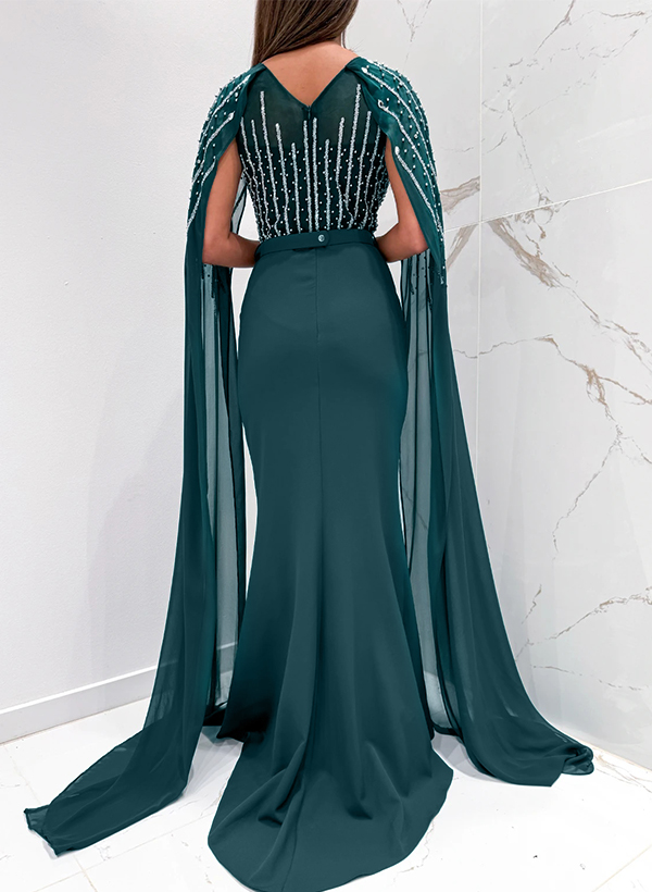 Bedazzled Curve Illusion Neck Sweeping Dual Drape Evening Dresses With Sparkle Embroider