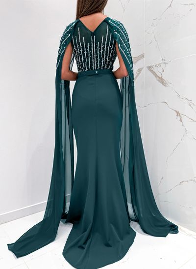 Bedazzled Curve Illusion Neck Sweeping Dual Drape Evening Dresses With Sparkle Embroider