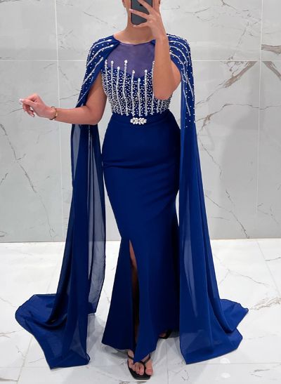 Bedazzled Curve Illusion Neck Sweeping Dual Drape Evening Dresses With Sparkle Embroider