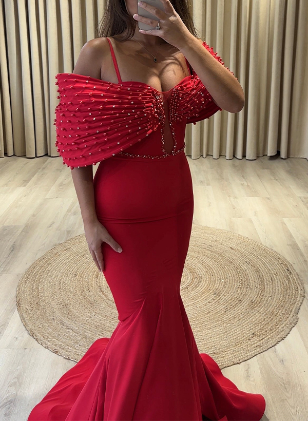 Trumpet Pleated Off Shoulder Plunge Neck Satin Evening Dresses With Beading