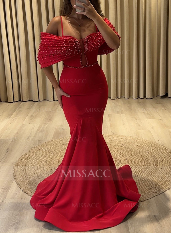 Trumpet Pleated Off Shoulder Plunge Neck Stretch Chiffon Evening Dresses With Beading