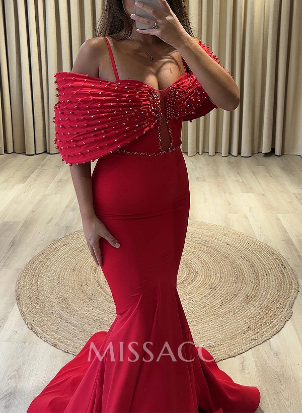 Trumpet Pleated Off Shoulder Plunge Neck Stretch Chiffon Evening Dresses With Beading