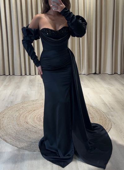 Exquisite Puffy Off-Shoulder Beaded Sweetheart Satin Evening Dresses With Sweeping Side Drape