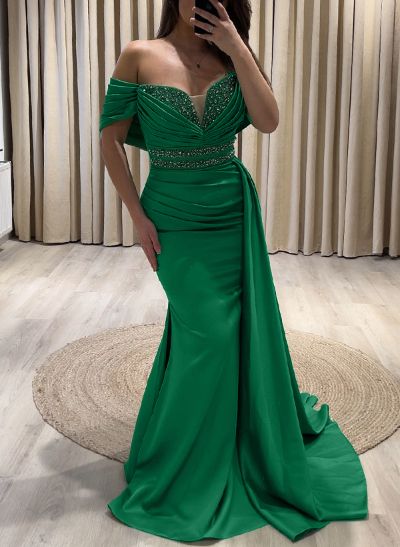 Pleated Off Shoulder Beaded Sweetheart Satin Evening Dresses With Sweeping Side Drape