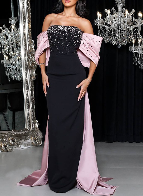 Luxury Trumpet Bow Accented Off-The-Shoulder Satin Evening Dresses With Beading