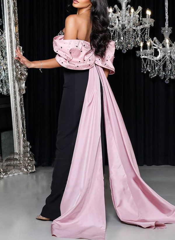 Luxury Trumpet Bow Accented Off-The-Shoulder Satin Evening Dresses With Beading