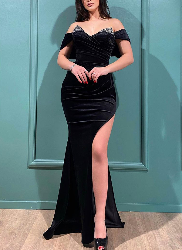 Luxury Sweetheart Detachable Sleeves Velvet Evening Dresses With High Split