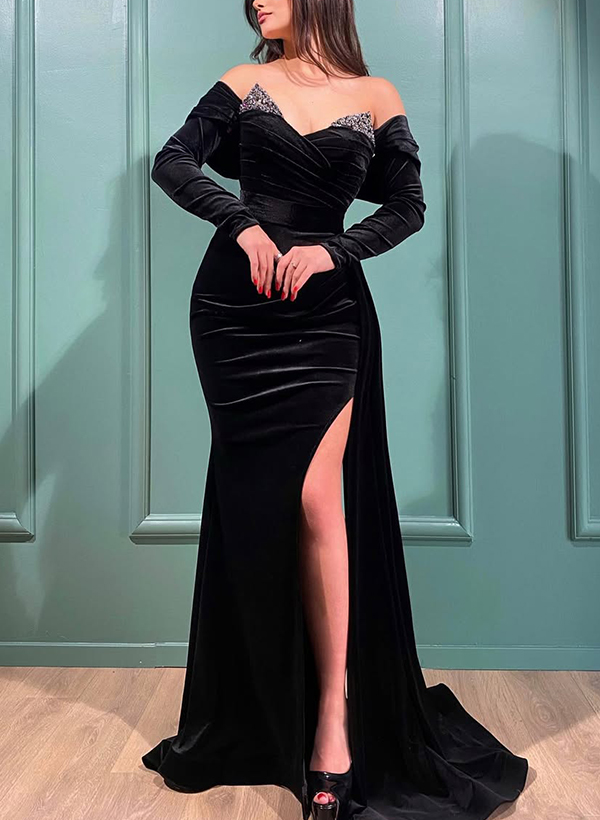 Luxury Sweetheart Detachable Sleeves Velvet Evening Dresses With High Split