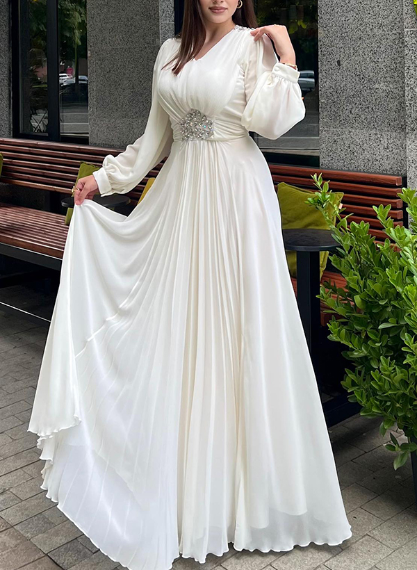 Elegant V-Neck Long Lantern Sleeves Chiffon Evening Dresses With Ruched Waist