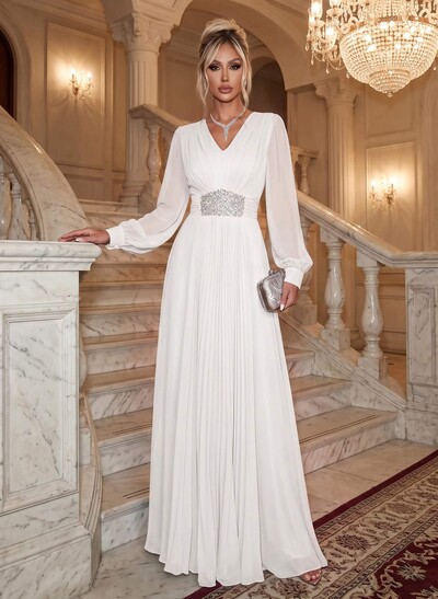 Elegant V-Neck Long Lantern Sleeves Chiffon Evening Dresses With Ruched Waist