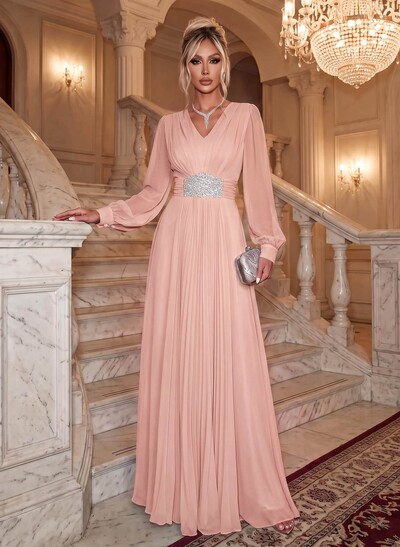 Elegant V-Neck Long Lantern Sleeves Chiffon Evening Dresses With Ruched Waist