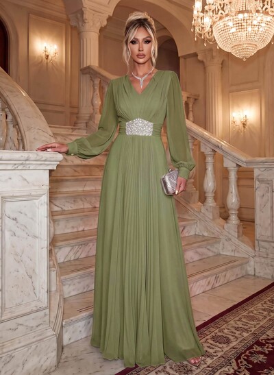 Elegant V-Neck Long Lantern Sleeves Chiffon Evening Dresses With Ruched Waist