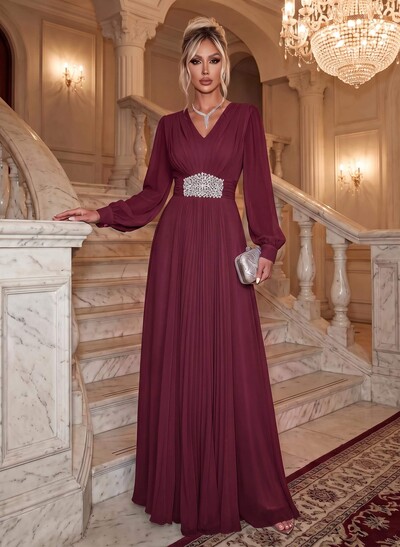 Elegant V-Neck Long Lantern Sleeves Chiffon Evening Dresses With Ruched Waist