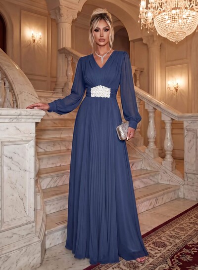 Elegant V-Neck Long Lantern Sleeves Chiffon Evening Dresses With Ruched Waist