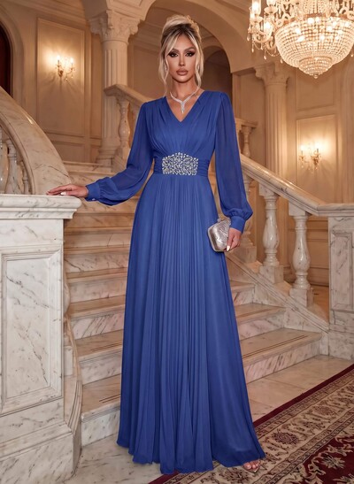 Elegant V-Neck Long Lantern Sleeves Chiffon Evening Dresses With Ruched Waist