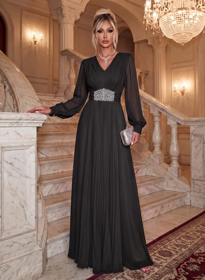 Elegant V-Neck Long Lantern Sleeves Chiffon Evening Dresses With Ruched Waist