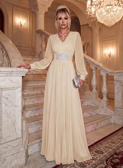 Elegant V-Neck Long Lantern Sleeves Chiffon Evening Dresses With Ruched Waist