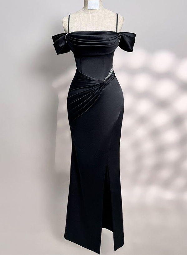 Bedazzled Curve Cold Shoulder Elastic Satin Evening Dresses With Split Front