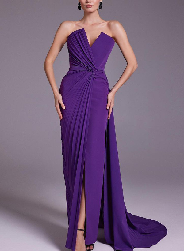 Classy Sleeveless Pleated Sweeping Side Drape Evening Dresses With High Split