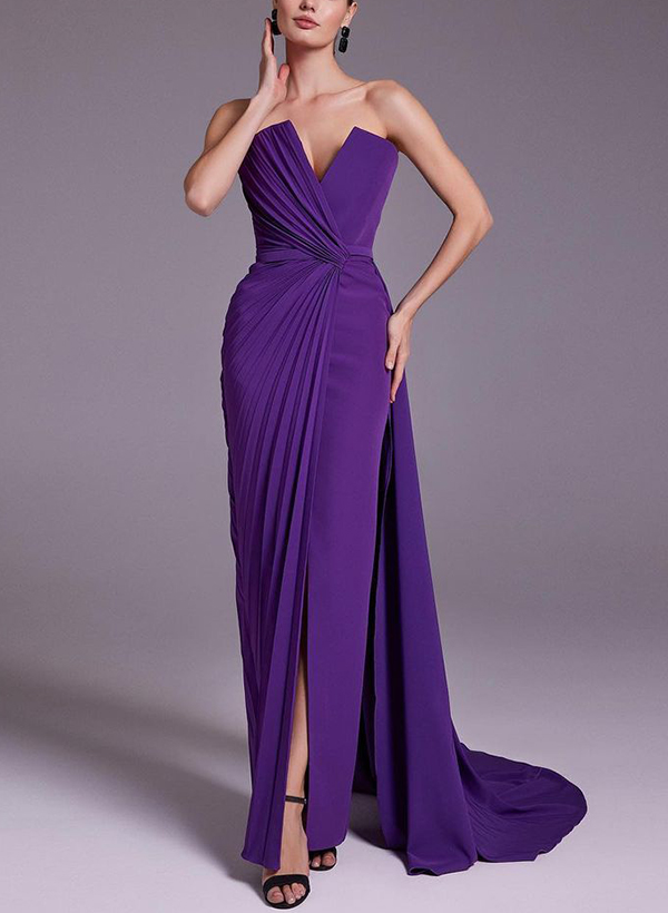 Classy Sleeveless Pleated Sweeping Side Drape Evening Dresses With High Split